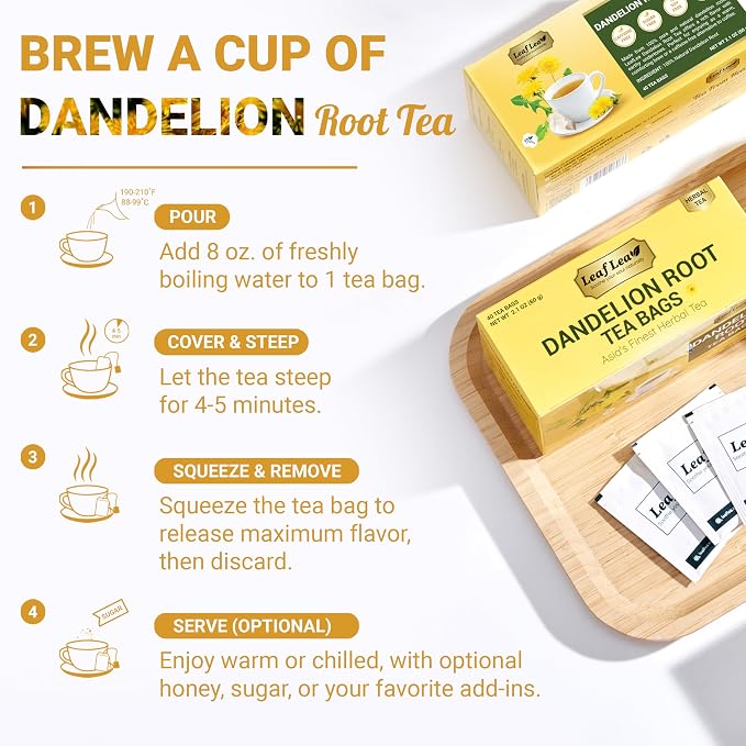 LeafLea 80 Dandelion Tea Bags, All Natural Dandelion Root Tea, Supports Digestion & Immune Health, Caffeine-Free, Vegan, No Sugar, Individually Wrapped Tea Bags, 2 Pack