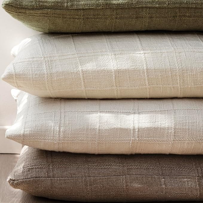 Foindtower Set of 2 Decorative Linen Check Throw Pillow Covers Neutral Farmhouse Lumbar Cushion Covers Modern Boho Home Decor for Sofa Chair Couch Bedroom Living Room,12×20 Inch,Taupe Grey