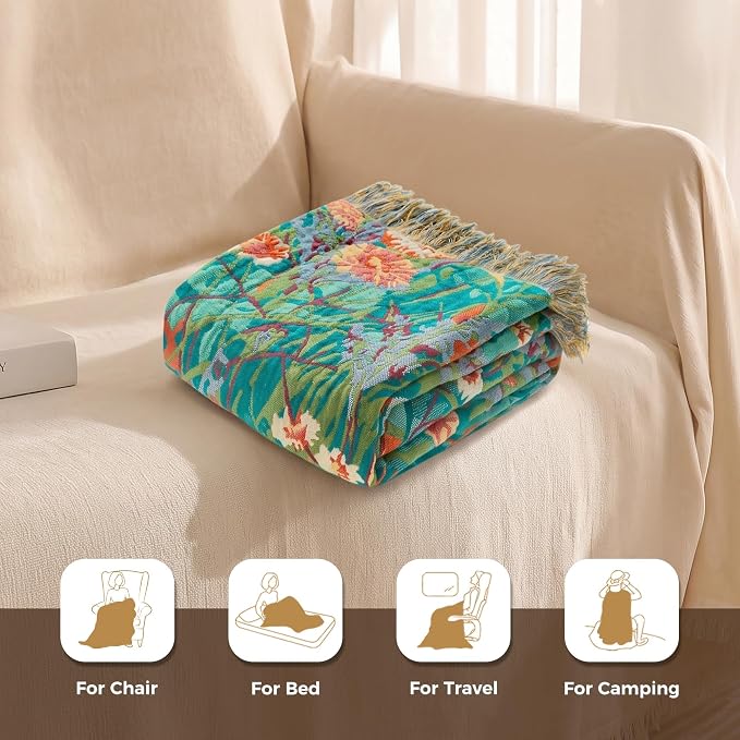 LUTBM Boho Throw Blanket for Couch 50"x60", Cotton Decorative Bed Throw | Reversible Florals Embroidery, All-Season Lightweight Breathable Blankets, For Chair Sofa Living Room Bedroom