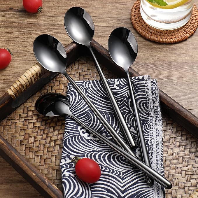 Steel Black Soup Spoon, Long handled Great Circle Spoons,Korean Long Handle Soup Spoon,4 Pieces,8.7x1.6 Inches