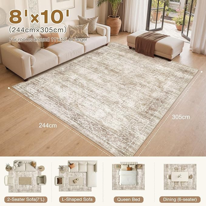 cotiled Washable Area Rugs 8x10 Living Room | Non Slip Backing, Stain Resistant, Pet Friendly, Large Neutral Soft Indoor Carpet For Bedroom, Nursery, Office, Beige/Brown