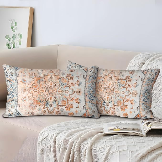 Boho Throw Pillow Covers 12x20 inch Set of 2,Boho Vintage Carpet Pattern Antique Ethnic Decor Double Sided Pattern Cushion Cover Soft Pillow Case Living Sofa Room Bed Square Pillow Cover