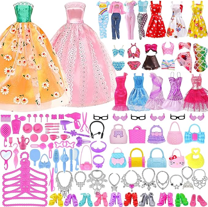Vueos 157 Pcs Doll Clothes and Accessories with Doll Closet for 11.5 Inch Girl Dolls Including Shoes Rack Wedding Dress Fashion Dress Swimsuits Tops and Pants Hangers Glasses Necklace Bags Shoes