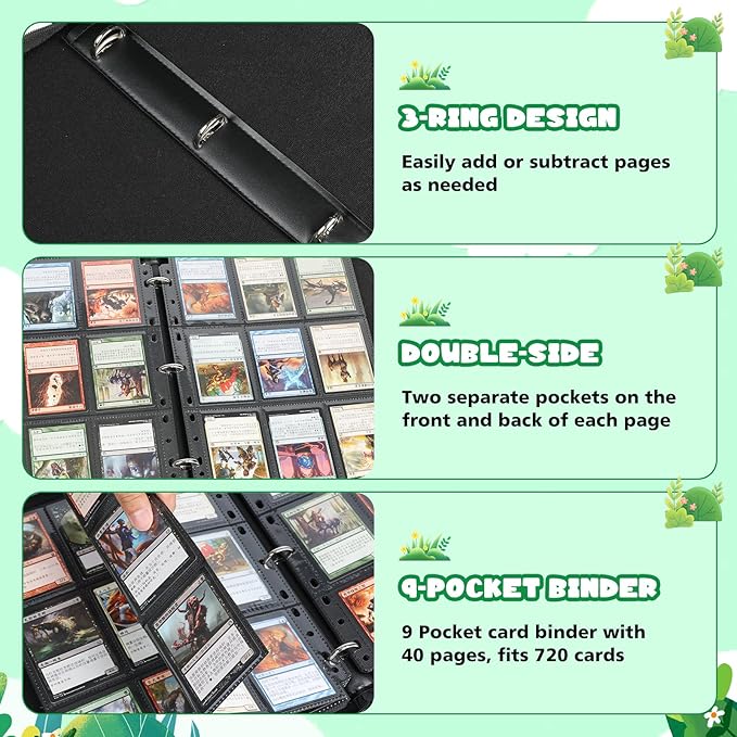 9 Pocket Card Binder for Pokemon Card, 720 Pockets Card Binder Holder with 40 Removable Sleeves, 3-Ring Zip Design Trading Card Albums for MTG/TCG/Sport Collectible Gifts for Boys and Girls (Green)