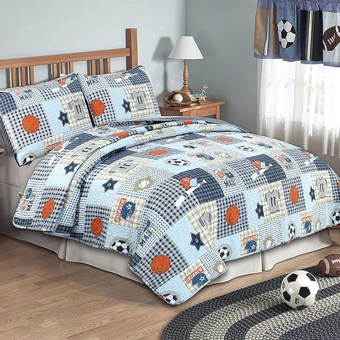 Cozy Line Home Fashions Blue Sports Baseball Basketball Soccer Ball Football Quilt Set Bedspread Coverlet for Boys Kids (Sport, Twin - 2 Piece)