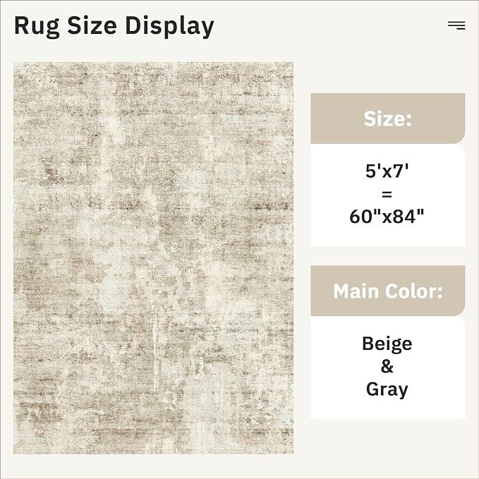 Soalmost Abstract Rug 5x7 Washable Area Rugs for Living Room, Beige/Gray | Vintage Non-Slip Indoor Accent for Bedroom Dining, Foldable Stain Resistant Floor Carpet Mat Under Table Home Office Decor