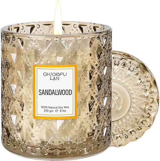 Sandalwood Candle, Dad Gifts Candle, Natural Soy Scented Candles for Stress Relief, 55 Hours Lasting Burning, Great Gift for Women & Men