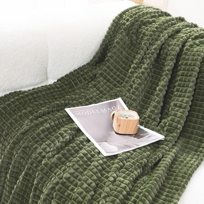 Puncuntex Fleece Throw Blanket Olive Green 90"×90" with Square Grid Design | Super Soft Plush Cozy Flannel Throw Blanket Luxury for Couch Sofa Chair
