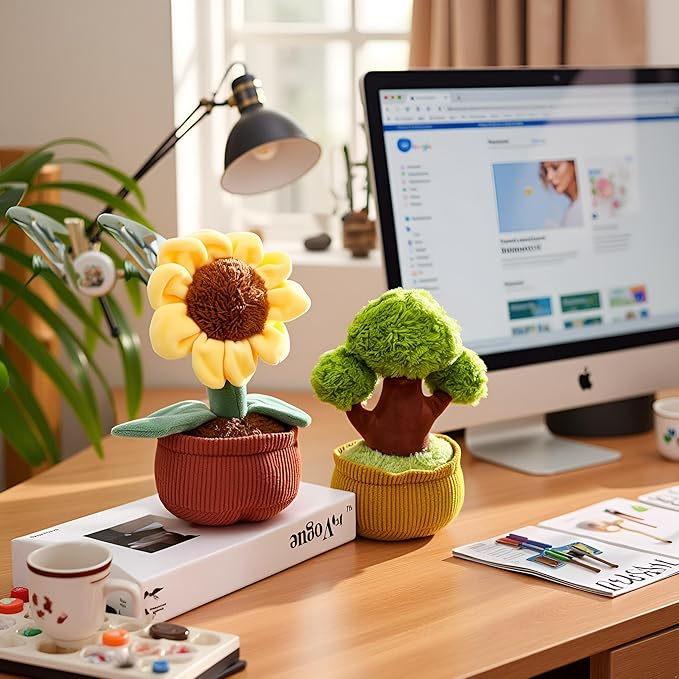 Ryttir 10" Vogue-Desk Botanical Plush Set,Flower Pillow & Evergreen Tree Stuffed Animal in Fabric Pots - Realistic Stuffed Sunflower + Plant Plush Home Decor