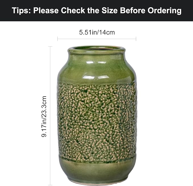 Modern Ceramic Vase for Flower, 9 Inch Minimalist Decorative Vases for Home Decor, Table Shelf, Console Cabinet, Mantle, Living Room, Bathroom, Bedroom, Office, Green