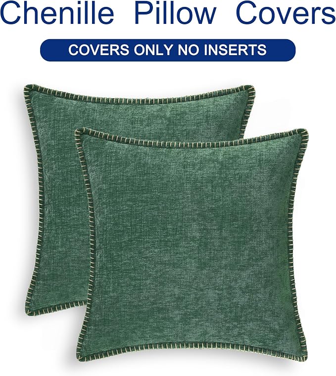CaliTime Decorative Couch Throw Pillow Covers 20 X 20 Inches Dark Green | Pack of 2, Cozy Chenille Cushion Cases, Cotton Thread Stitching Edges, for Sofa Bed Living Room Farmhouse