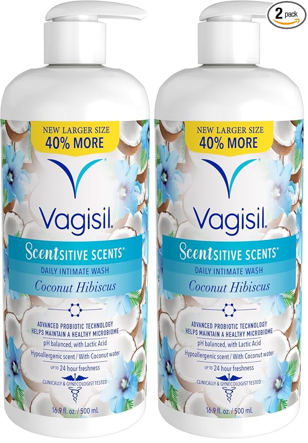 Vagisil Feminine Wash for Intimate Area Hygiene, Scentsitive Scents, pH Balanced and Gynecologist Tested, Coconut Hibiscus, 16.9 oz with Pump (Pack of 2)