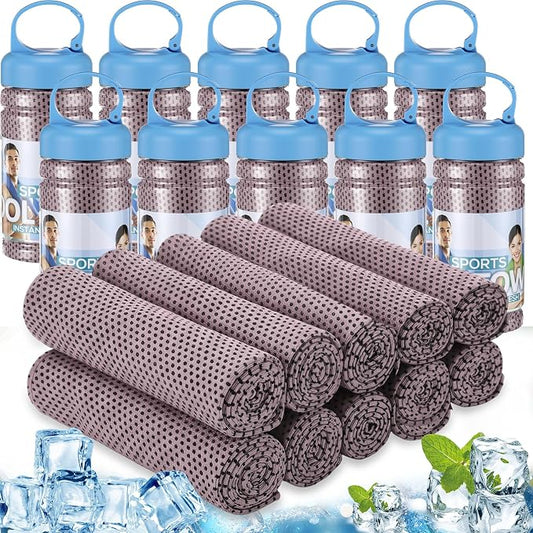 Honoson 10 Pcs Cooling Towels for Neck and Face, 47"x12" Sports Breathable Ice Towels Microfiber Chilly Sweat Rags with Portable Bottle for Gym Golf Athletes Yoga Workout Hot Weather (Pink)