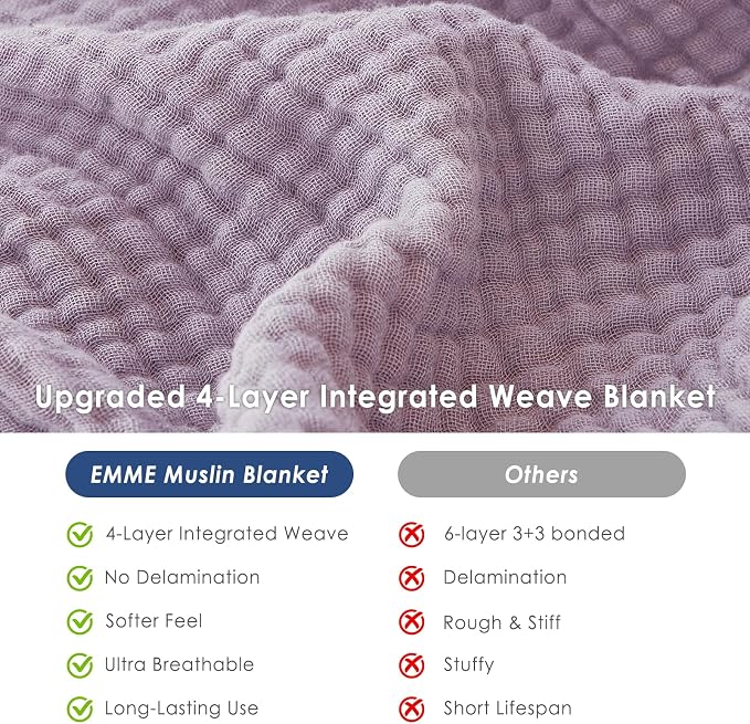 EMME Cotton Muslin Queen Blanket Bed Layering Bedspread Coverlet Breathable Gauze Soft Lightweight Adults (Heather Lavender, 90"x90")