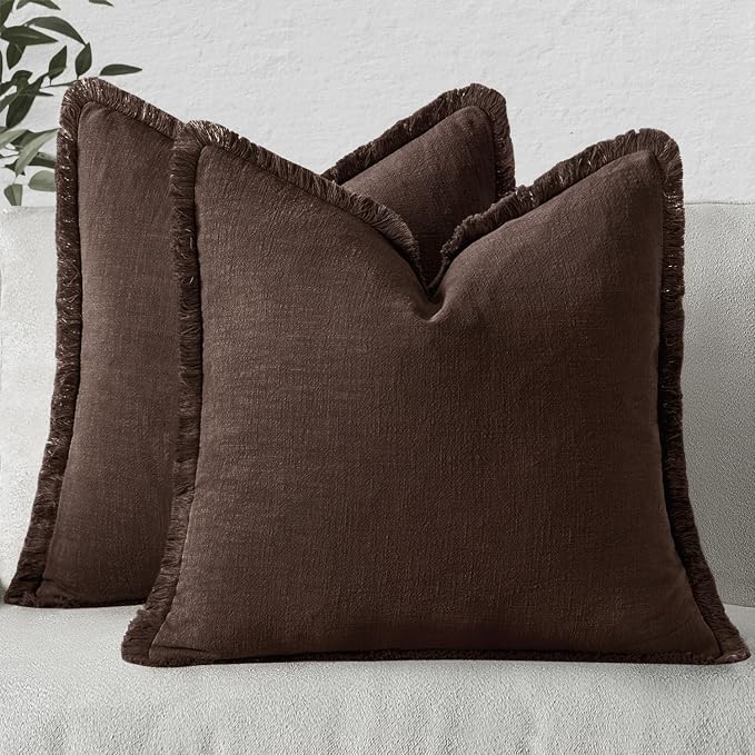 MIULEE Linen Decorative Fall Euro Throw Pillow Covers Dark Brown 26x26 | Set of 2, Cottagecore Decor, Boho Farmhouse Neutral Pillow Covers, Rustic Fall Fringe Couch Cushion for Sofa Bed Living Room