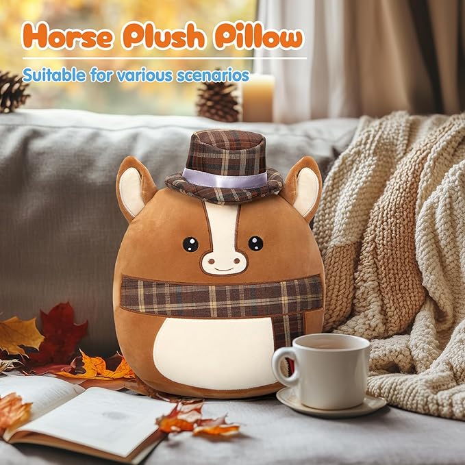 Athionsu 12 Inch Horse Plush Pillow Soft & Cuddly Stuffed Horse Soft Squishy Gifts for Toddler Kids Boys and Girls