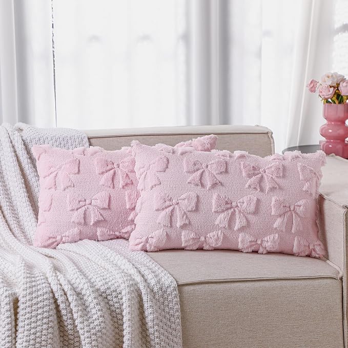 Mixweer Pink Bow Pillow Covers Set of 2 Preppy Room Decor Coquette Cute Spring Summer Decorative Faux Fur Soft Bowknot Stuff Fluffy Plush Aesthetic Pillowcase for Bed Sofa Couch (12 x 20 Inch)