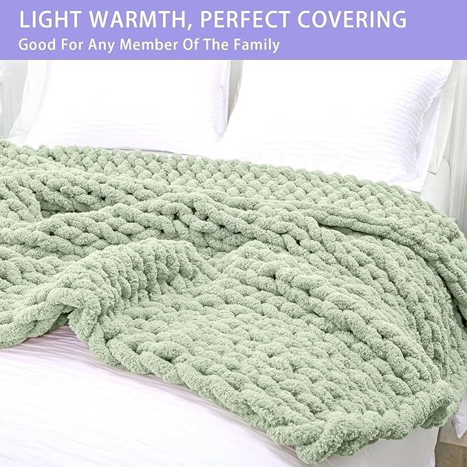 Bigacogo Chunky Knit Throw Blanket for Couch, 51x63 inches, Sage Green | Hand Knit with Jumbo Chenille, Soft Breathable Cable Knit for Sofa Bed Living Room, Machine Washable, Gift for Mom Friend