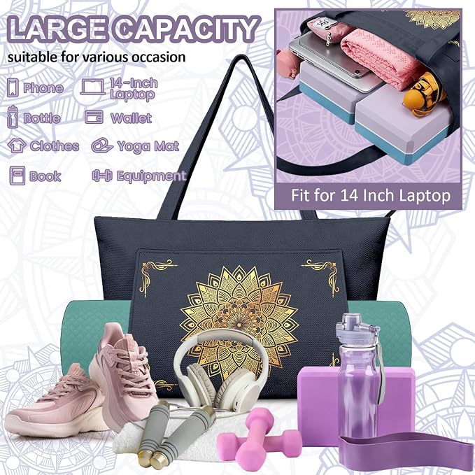 Yoga Bag for Women, Large Canvas Yoga Mat Tote Bag with Yoga Mat Carrier - Large Mat Pocket Fitness Tote for Pilates, Gym, Travel, Office & Beach
