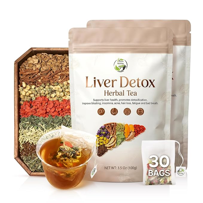 Liver Detox Herbal Tea, Liver Cleanse Detox Tea Blend with Milk Thistle, Dandelion Root, Chrysanthemum Natural Ingredients Herbal Tea, Vegan Caffeine-Free (2 Pack/30 Bags)
