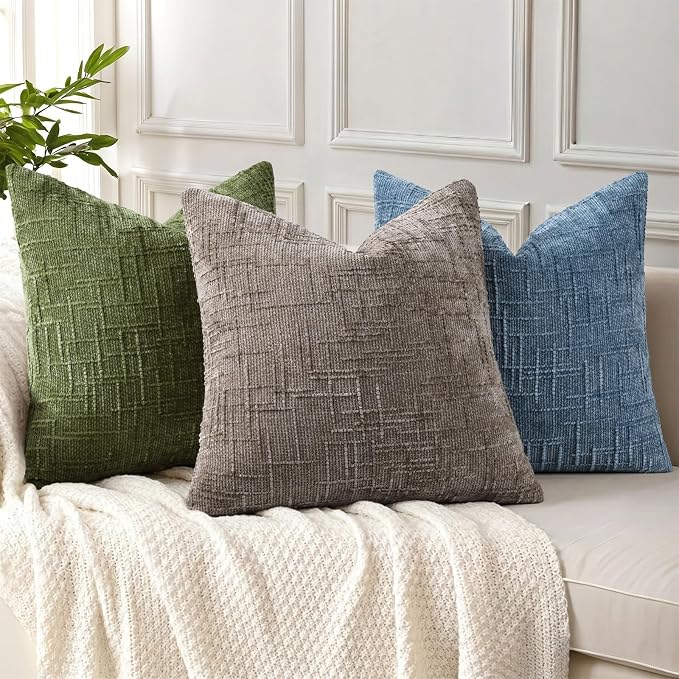 decorUhome Textured Chenille Throw Pillow Covers 20x20 Set of 2 Blue | Fall Modern Farmhouse Soft Cozy Slubby Couch Pillow Cases Boho Decorative Pillow Cases for Bed Sofa Living Room Home Decor