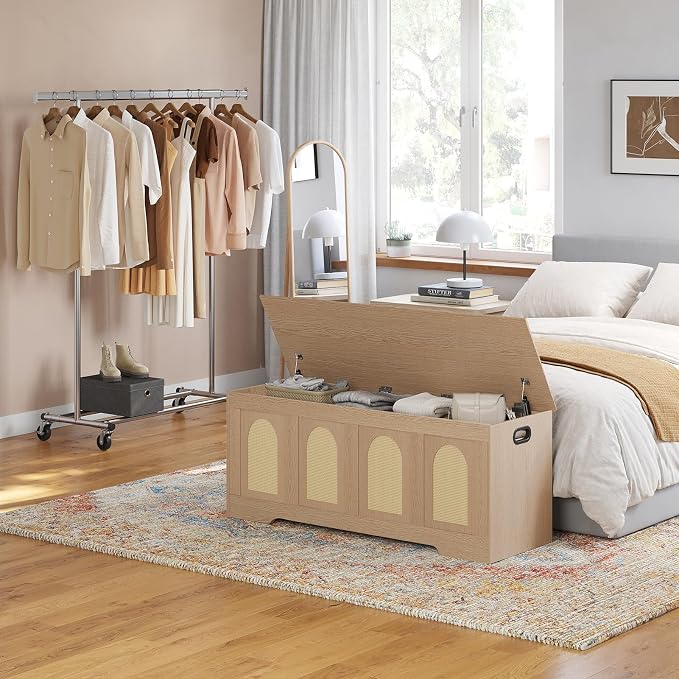 Storage Chest, Wooden Toy Box, Natural Oak 47.2" L | Entryway Shoe Bench, 2 Safety Hinges, Finger-safe Flip-Top, Easy Assembly, Farmhouse Large Trunk, Rattan, Living Room/Bedroom