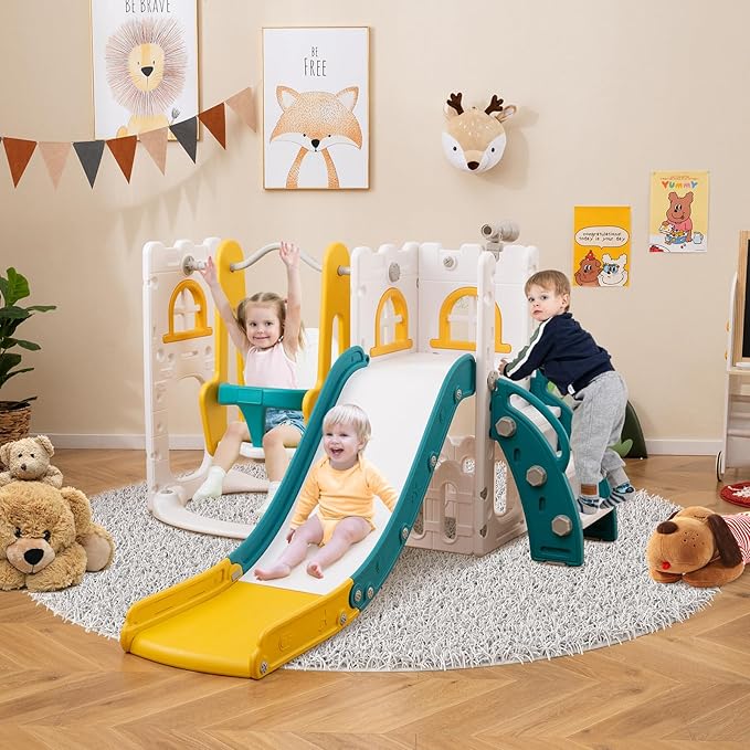 Costzon 7 in 1 Toddle Swing and Slide Set, Freestanding Toddler Slide Playset w/Swing, Basketball Hoop, Kids Slide for Toddler Age 1-3 Playground w/Storage Space, Gifts for Boys Girls (Yellow)