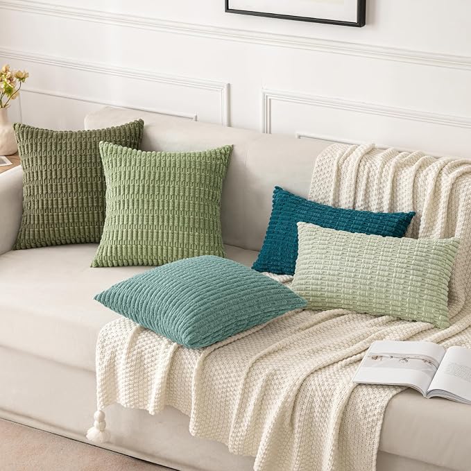MIULEE Corduroy Decorative Throw Pillow Covers 18x18 Teal Green Pack of 2 | Soft Boho Striped Pillow Covers Modern Farmhouse Home Decor For Sofa Living Room Couch Bed