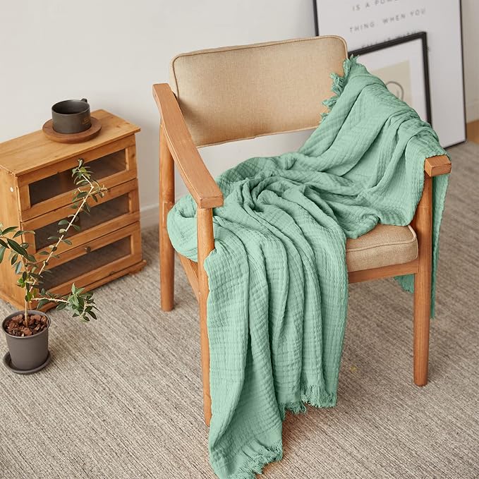 Simple&Opulence Cotton Muslin Throw Blanket for Bed, Couch, Knit Woven Gauze Blanket with Tassels, Soft Lightweight Cozy Pre-Washed Breathable Farmhouse Decoration for All-Season (Mint Green)