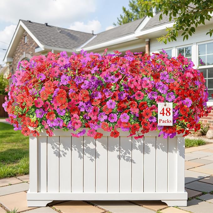 Alupssuc 48 Bundles Artificial Daisy Flowers UV Resistant for Outdoor Decor | Silk & Plastic, Spring Faux Plants Greenery, Bendable Stems, for Porch Patio Hanging Window Planter Yard Outside, 3 Colors