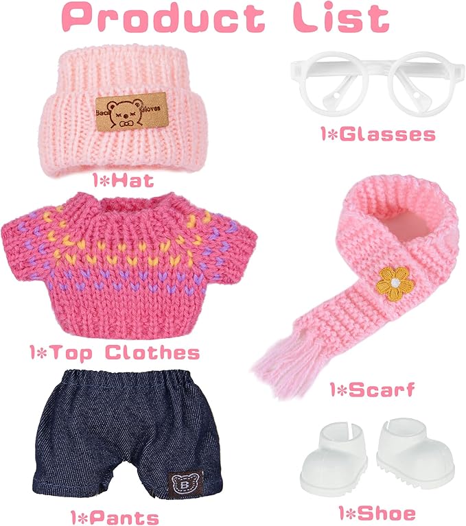 Knit 17cm Doll Clothes Accessories Set Include: 1 Hat, 1 Sweater, 1 Pants, 1 Scarf, 1 Glasses and 1 Shoes for Dress up Your Dolls (Doll Not Included), Knit #3