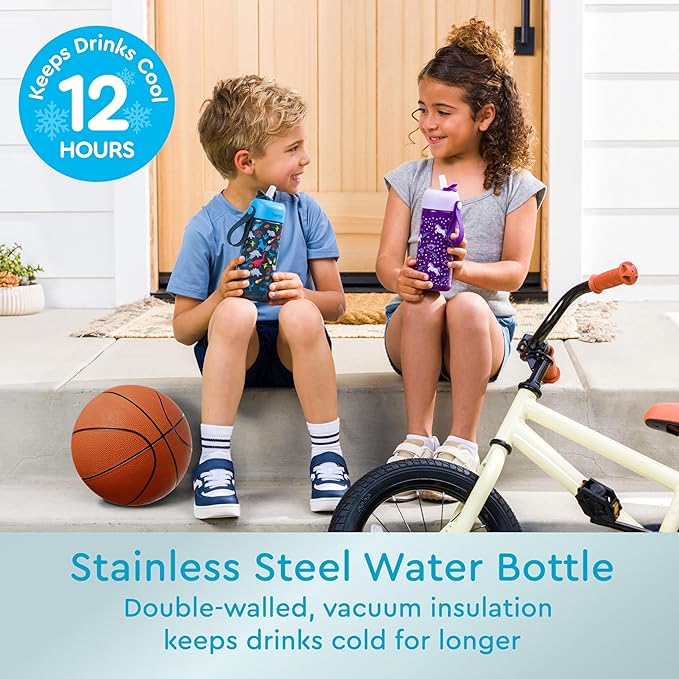 Bentgo® Kids Stainless Steel Insulated Water Bottle - Leak-Proof; Keeps Cool for 12 Hours; Durable, BPA-Free, Dishwasher Safe 14 oz. Cup for Ages 3+ for School/Sports/Daycare (Dinosaur)