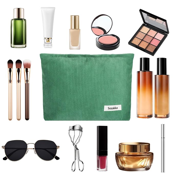ZLFSQR Corduroy Makeup Bag for Women Small Corduroy Cosmetic Bag Large Cute Travel Makeup Pouch for Purse Green Cloth Cosmetic Pouch Zipper Storage Organizer Canvas Toiletry Bags