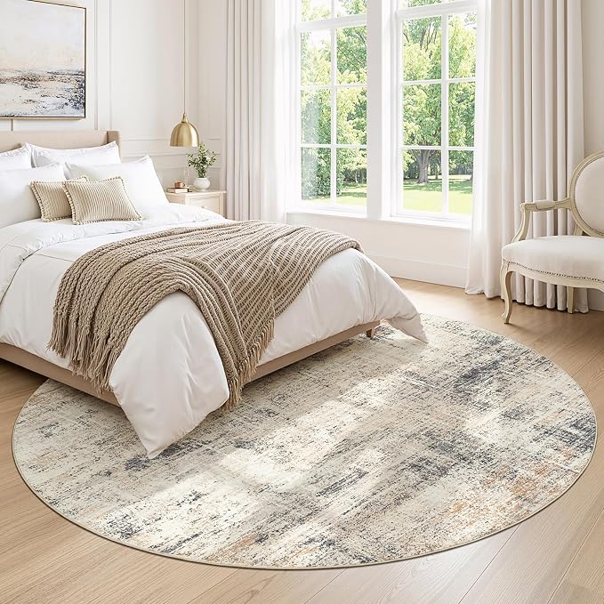 8ft Area Rug for Living Room, Abstract Washable Non-Slip Large Rugs, Gold | Soft Neutral Carpet for Bedroom, Dining Room, Home Office Nursery Indoor, Stain Resistant, Low Pile, Foldable Modern Rug