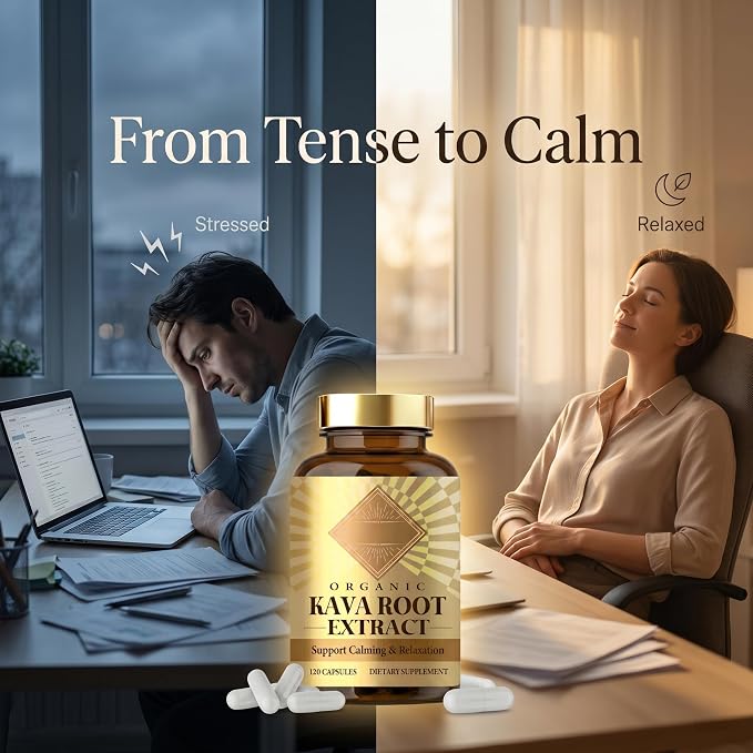Organic Kava Root Extract - 120 Capsules, Standardized Kava Kava Herbal Supplement to Support Relaxation, Traditional Pacific Plant Powder Blend for Promoting Calming Comfort