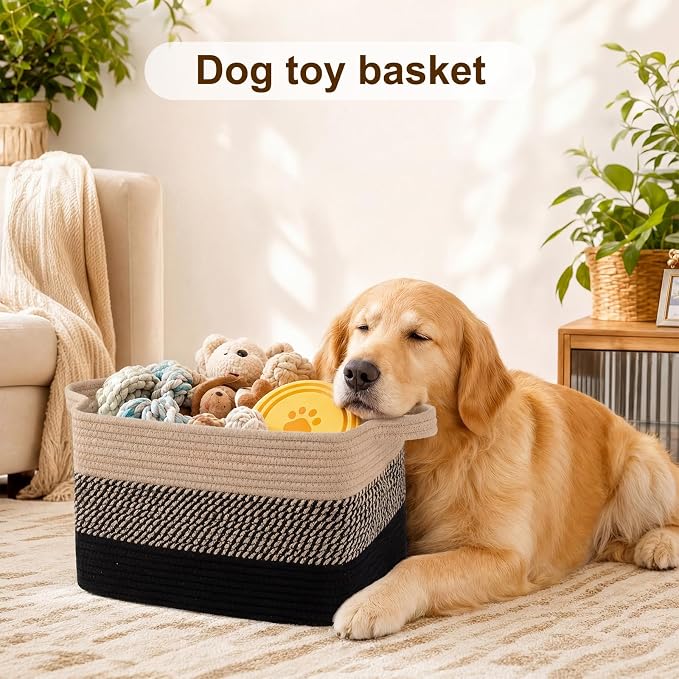 OIAHOMY Storage Basket, Woven Baskets for Storage, Cotton Rope Basket for toys,Towel Baskets for Bathroom - Pack of 3, Black & Brown