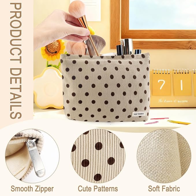 ZLFSRQ Corduroy Makeup Bag for Women Girls Cute Polka Dot Cosmetic Bag for Purse Large Capacity Trendy Zipper Makeup Pouch Toiletry Pouch Aesthetic Skincare Make Up Essentials Organizer Bags (Beige)