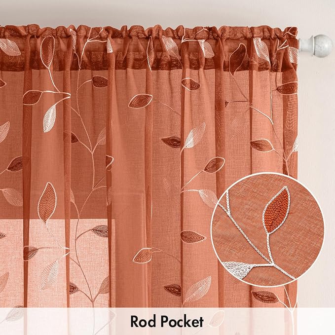 MIULEE Burnt Orange Sheer Curtains 2 Panels Embroidered Leaf Patterned Rod Pocket Floral Semi Faux Linen Window Fall Curtains Drapes Set for Living Room Bedroom Dining Room, 52x84 Inches Long