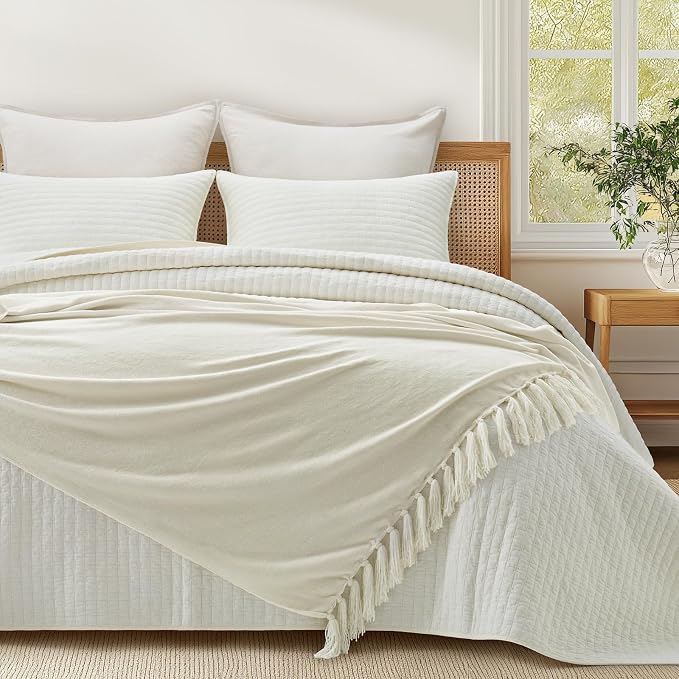 Chenille Knit Throw Blanket for Couch, 60"x80", Ivory White | Cozy Plush Fuzzy Knittd Throw with Tassels, Lightweight, Decorative, Farmhouse Decor, Ideal for Bed Sofa Gift, All Seasons