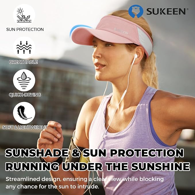 Sukeen Lightweight Sports Sun Visor Hat for Men Women | Packable, breathable, quick-dry, UPF50+ cooling visor hat, stretch fit, for running, tennis, golf, pickleball, softball