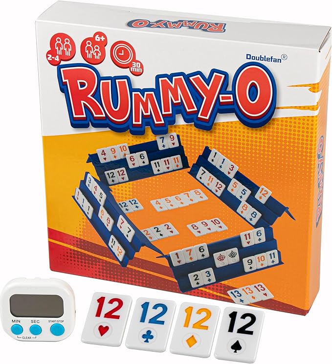 Doublefan Upgraded Rummy Game,Rummy-O with Color Unique Poker Playing Way,Rummy Cube Orginal Classic Board Game for Adult and Kids,106 Tiles, 4 Playing Rack, 1 Timing, 1 Dice (2-4 Players)