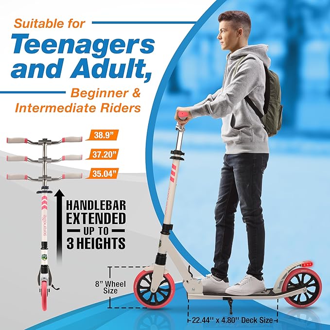 SereneLife Two Wheel Scooter for Teens, Smooth Gliding Kick Scooter for Adults w/Adjustable Height for Ages 8+, Portable All Terrain Scooter w/Carry Straps, Easy to Fold