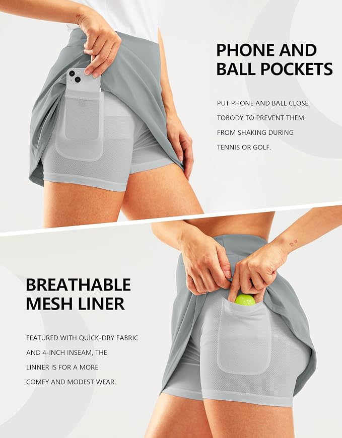 16" Golf Skirt with 2 Zipper Pockets | Tee Holder, Mesh Shorts, High Waisted, Casual, Pickleball, Athletic, Tennis, Skorts for Women