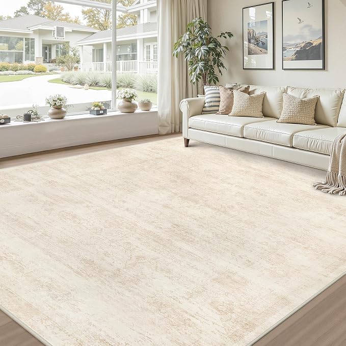 10x14 Area Rug for Living Room: Vintage Boho Neutral Washable Rug Indoor Soft Large Area Rug Carpet for Bedroom Nursery Farmhouse Dining Room Office Floor Non-Slip Low Pile Under Table Rug Retro Beige