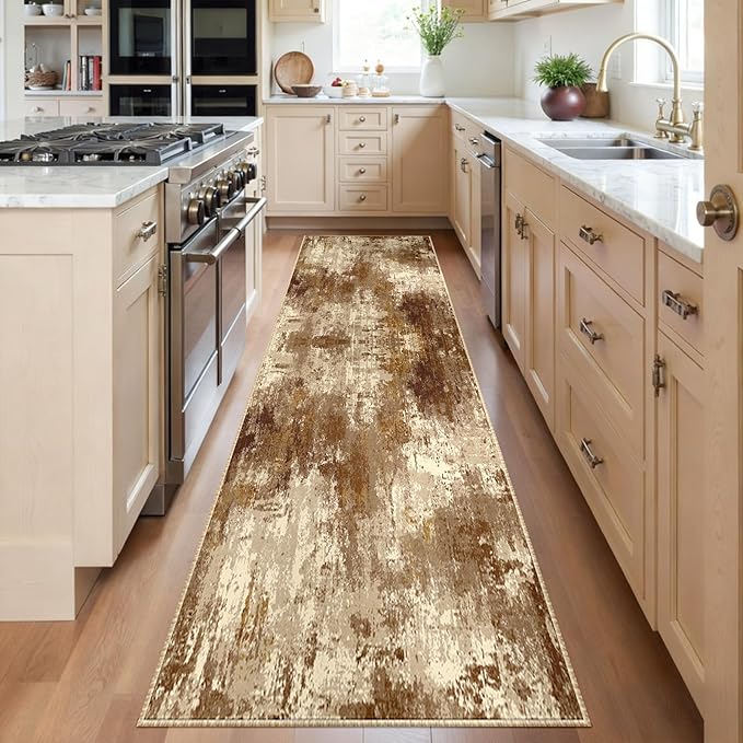 RELEANY Washable Runner 2'x6' Abstract Area Rug for Hallway Brown Tan | carpet for kitchen, entryway, bathroom, living room, bedroom, printed pattern, non-slip, soft, stain-resistant, easy to clean