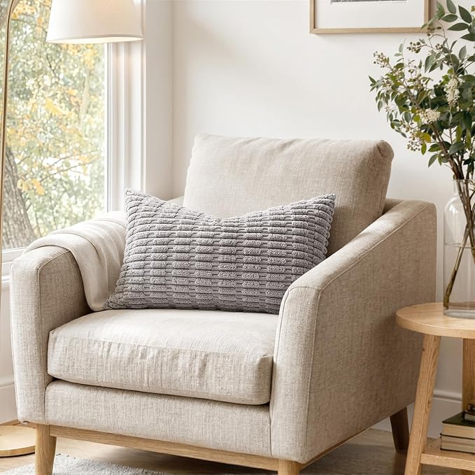MIULEE Lumbar Corduroy Decorative Throw Pillow Covers 12x20 Light Grey | Pack of 2 Soft Boho Striped Pillow Covers Modern Farmhouse Home Decor For Sofa Living Room Couch Bed