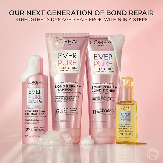 L'Oreal Paris Sulfate Free Bond Repair+ Shampoo, Hair Shampoo with Bond + Amino Acid Complex, Strengthens and Repairs Damaged or Color Treated Hair, EverPure, 6.8 Fl Oz (Packaging May Vary)