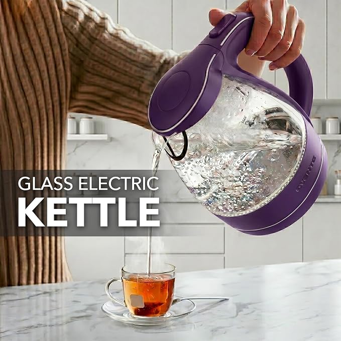 OVENTE Electric Kettle, 1.5L Borosilicate Glass Countertop Water Heater and Boiler for Coffee or Tea, BPA-Free, Auto Shut-Off, Boil-Dry Protection, Removable and Washable Spout Filter, Purple KG83P