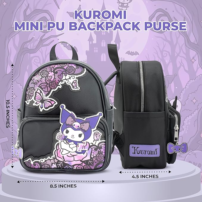 AI ACCESSORY INNOVATIONS Hello Kitty Kuromi Mini PU Backpack Purse, Kawaii Shoulder Bag with Epoxy Filled Metal Bow w/Skull Charm, 10.5 Inch, Anime Travel Bag, Faux Leather