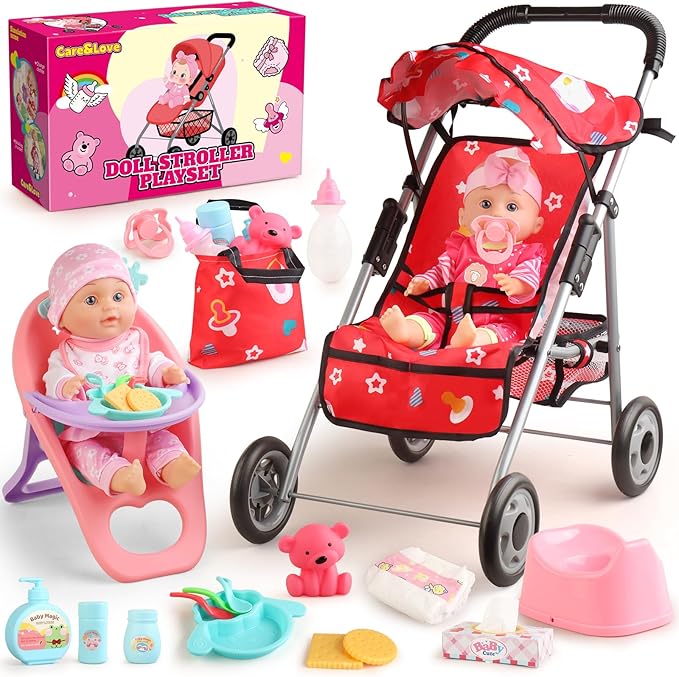 Baby Doll Stroller Set - A 12.5" Baby Doll with Doll Accessories & 2 Sets Clothes, Baby Doll Stroller for Toddlers 3-5, Toy Stroller for Kids, Gifts for Girls 3 4 5 Year Old Girls Toys
